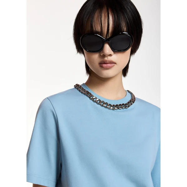 Essentiel Antwerp Light blue organic cotton T-shirt with chain-embellished neckline Top, view 3