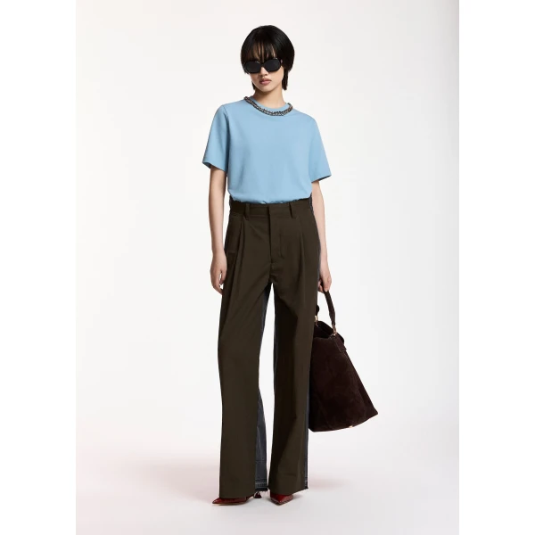 Essentiel Antwerp Light blue organic cotton T-shirt with chain-embellished neckline Top, view 4