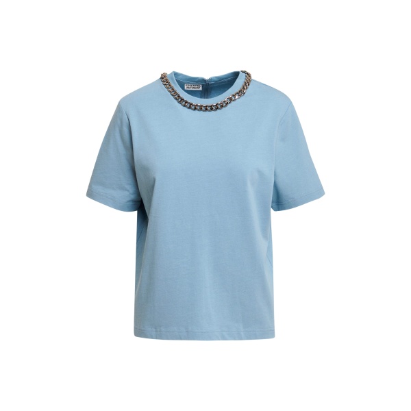 Essentiel Antwerp Light blue organic cotton T-shirt with chain-embellished neckline Top