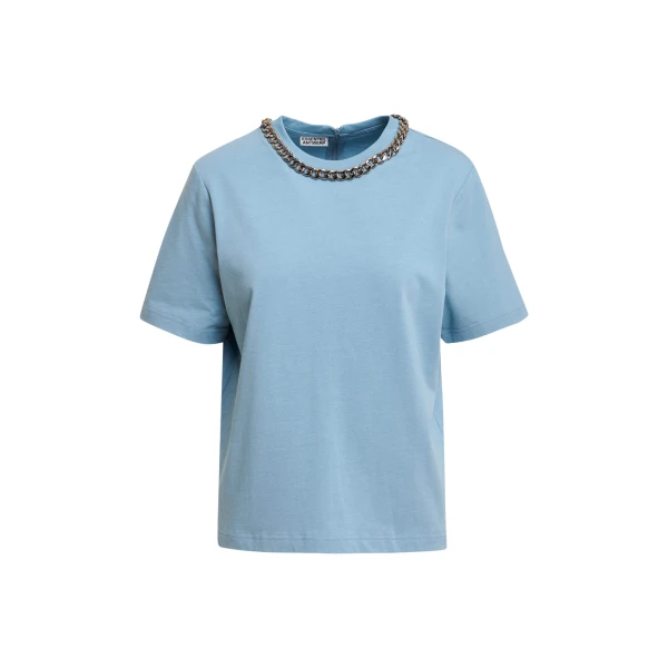 Essentiel Antwerp Light blue organic cotton T-shirt with chain-embellished neckline Top