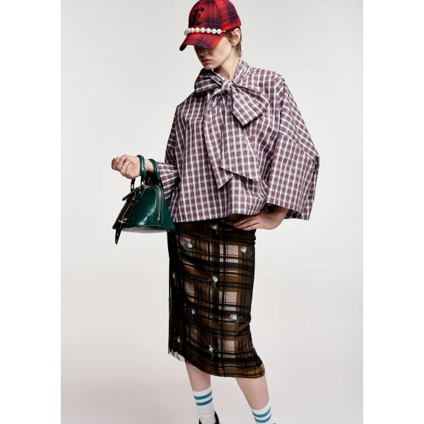 Essentiel Antwerp Light blue, red and dark green checked pussy-bow top with trumpet sleeves, view 2