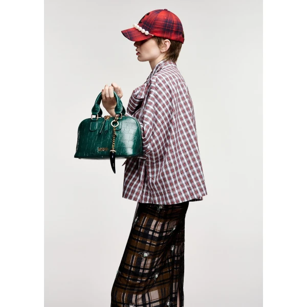 Essentiel Antwerp Light blue, red and dark green checked pussy-bow top with trumpet sleeves, view 3