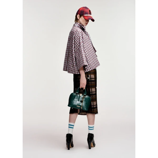 Essentiel Antwerp Light blue, red and dark green checked pussy-bow top with trumpet sleeves, view 4