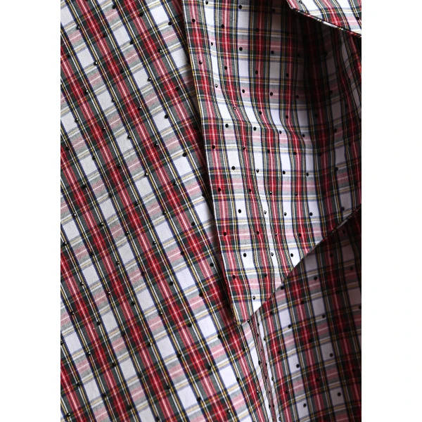 Essentiel Antwerp Light blue, red and dark green checked pussy-bow top with trumpet sleeves, view 6