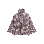 Essentiel Antwerp Light blue, red and dark green checked pussy-bow top with trumpet sleeves