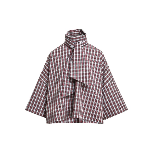 Essentiel Antwerp Light blue, red and dark green checked pussy-bow top with trumpet sleeves