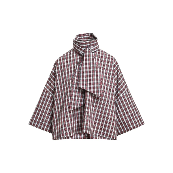 Essentiel Antwerp Light blue, red and dark green checked pussy-bow top with trumpet sleeves