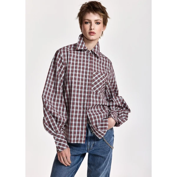Essentiel Antwerp Light blue, red and green rhinestone-embellished checked cotton shirt, view 2
