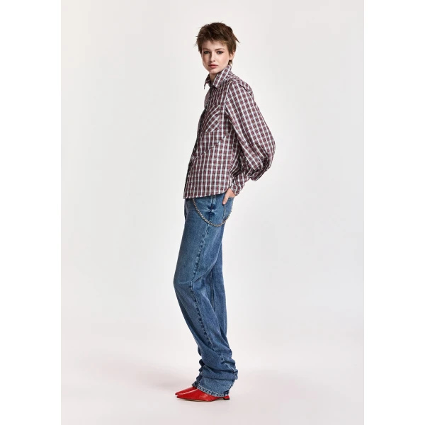 Essentiel Antwerp Light blue, red and green rhinestone-embellished checked cotton shirt, view 3