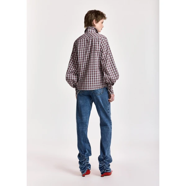 Essentiel Antwerp Light blue, red and green rhinestone-embellished checked cotton shirt, view 4