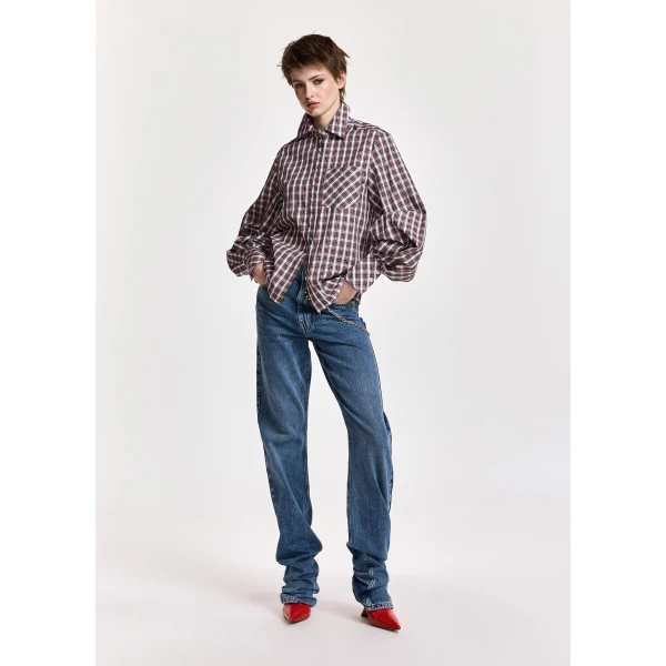 Essentiel Antwerp Light blue, red and green rhinestone-embellished checked cotton shirt, view 5