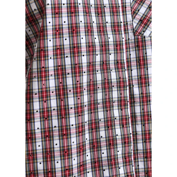 Essentiel Antwerp Light blue, red and green rhinestone-embellished checked cotton shirt, view 6