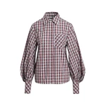 Essentiel Antwerp Light blue, red and green rhinestone-embellished checked cotton shirt