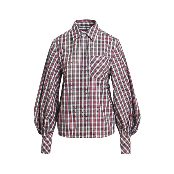 Essentiel Antwerp Light blue, red and green rhinestone-embellished checked cotton shirt