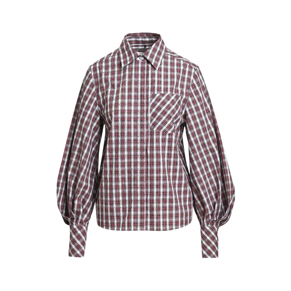 Essentiel Antwerp Light blue, red and green rhinestone-embellished checked cotton shirt
