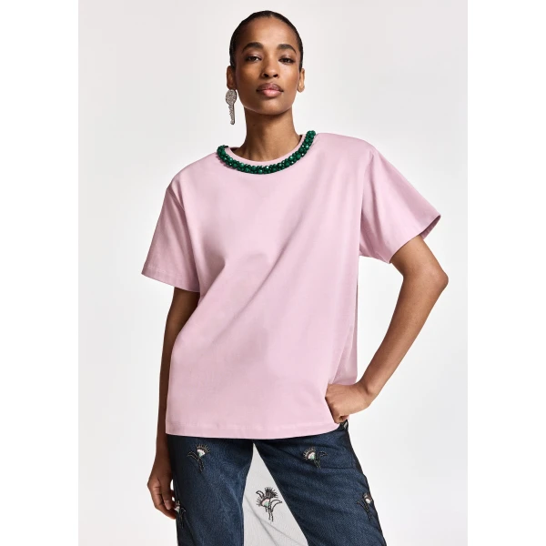 Essentiel Antwerp Light pink T-shirt with dark green embellished collar Top, view 2
