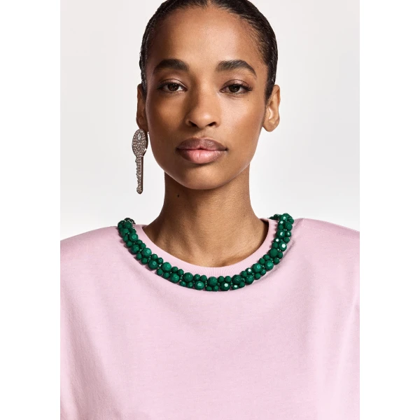 Essentiel Antwerp Light pink T-shirt with dark green embellished collar Top, view 3