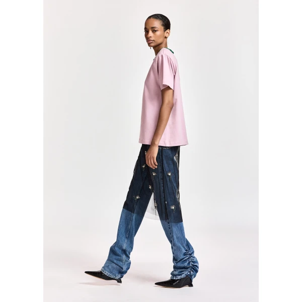 Essentiel Antwerp Light pink T-shirt with dark green embellished collar Top, view 4