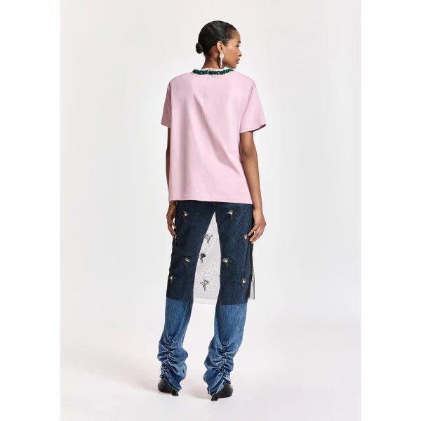 Essentiel Antwerp Light pink T-shirt with dark green embellished collar Top, view 5