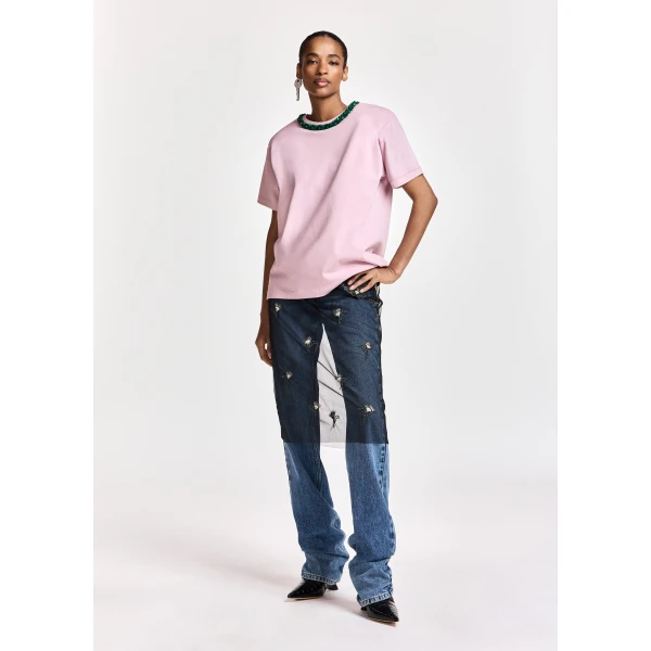 Essentiel Antwerp Light pink T-shirt with dark green embellished collar Top, view 6