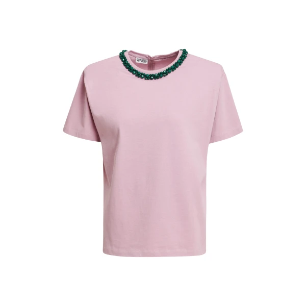 Essentiel Antwerp Light pink T-shirt with dark green embellished collar Top