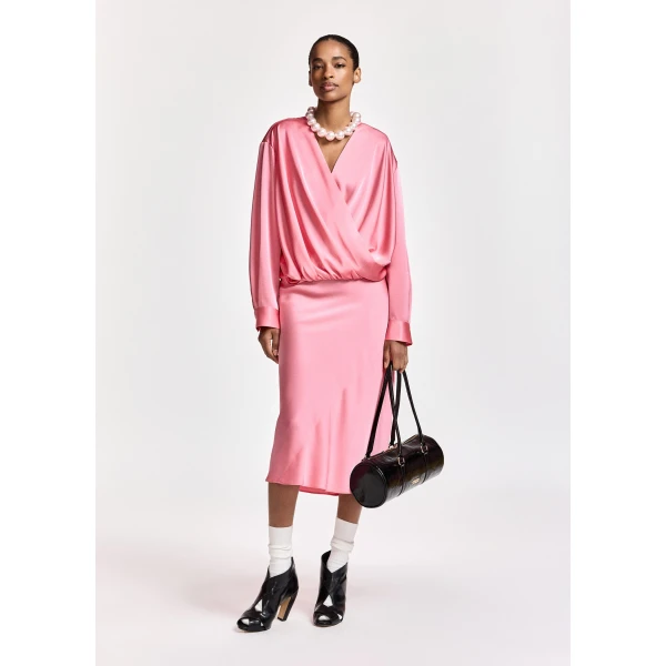 Essentiel Antwerp Light pink bias-cut midi skirt with back slit, view 2