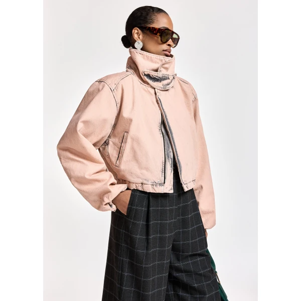 Essentiel Antwerp Light pink cropped cotton jacket with dark grey washed effect, view 3