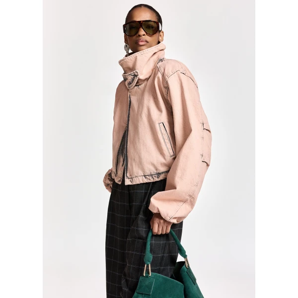 Essentiel Antwerp Light pink cropped cotton jacket with dark grey washed effect, view 5