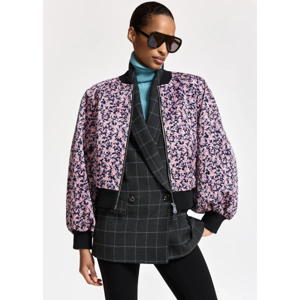 Essentiel Antwerp Light pink, navy and black floral bomber jacket with voluminous sleeves, view 2