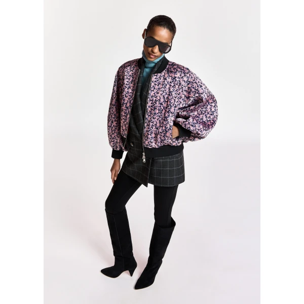 Essentiel Antwerp Light pink, navy and black floral bomber jacket with voluminous sleeves, view 3