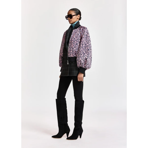 Essentiel Antwerp Light pink, navy and black floral bomber jacket with voluminous sleeves, view 4