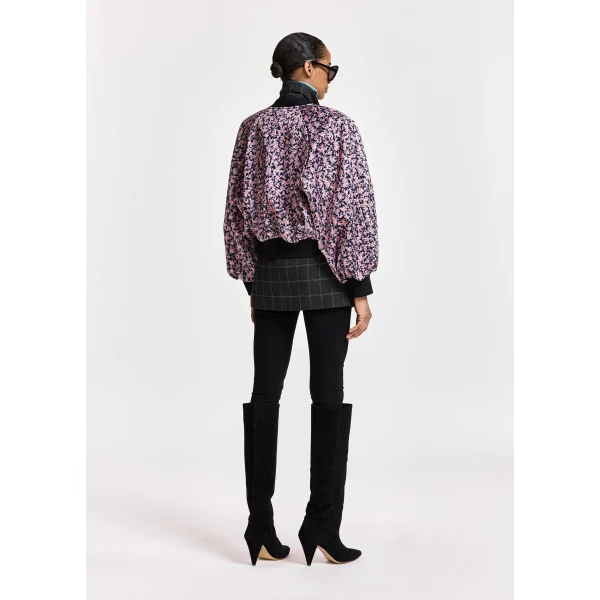 Essentiel Antwerp Light pink, navy and black floral bomber jacket with voluminous sleeves, view 5