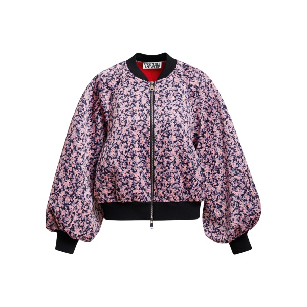 Essentiel Antwerp Light pink, navy and black floral bomber jacket with voluminous sleeves