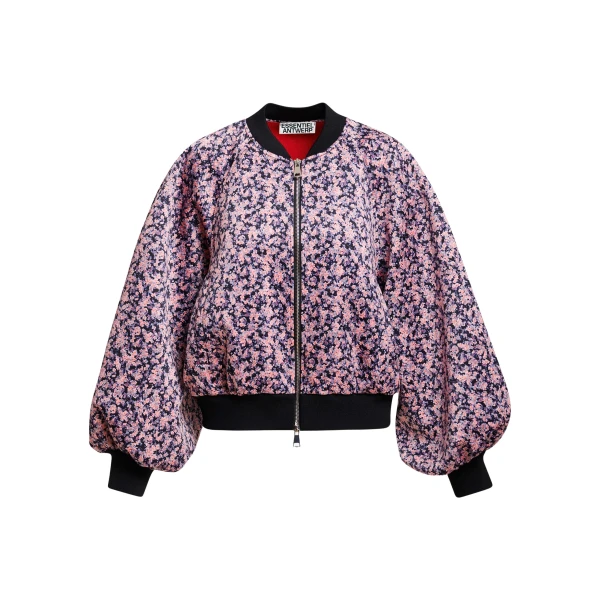 Light pink, navy and black floral bomber jacket with voluminous sleeves