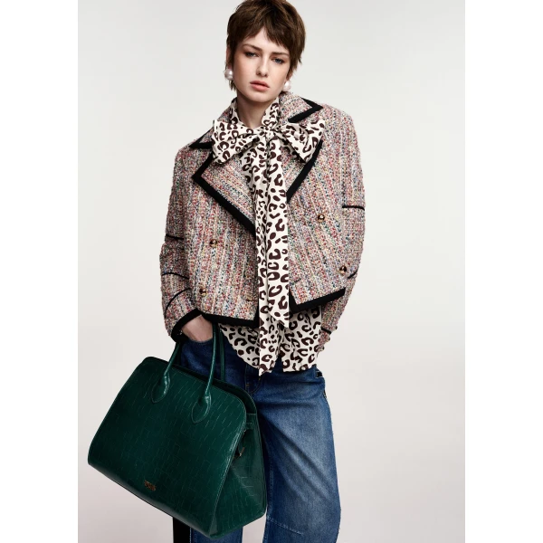 Essentiel Antwerp Multicolor cropped wool-blend jacket with black contrasting trims, view 3