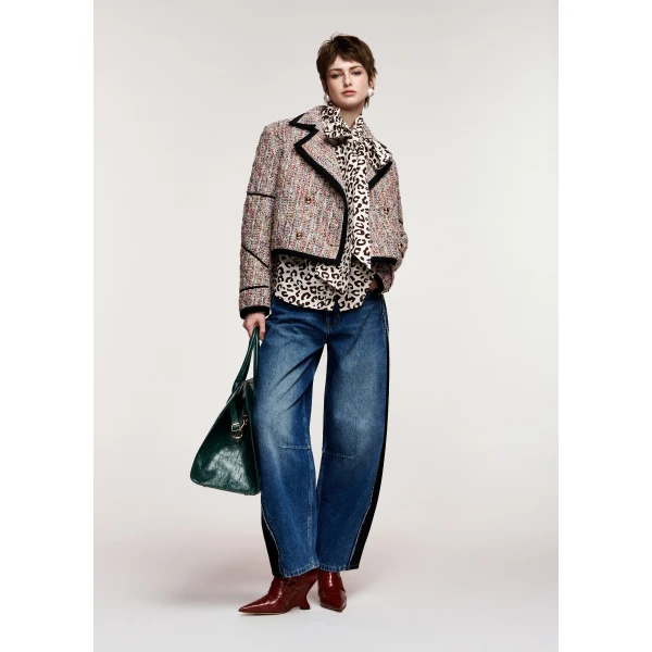 Essentiel Antwerp Multicolor cropped wool-blend jacket with black contrasting trims, view 5