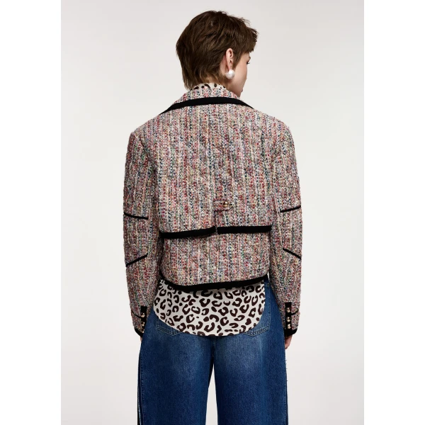 Essentiel Antwerp Multicolor cropped wool-blend jacket with black contrasting trims, view 6