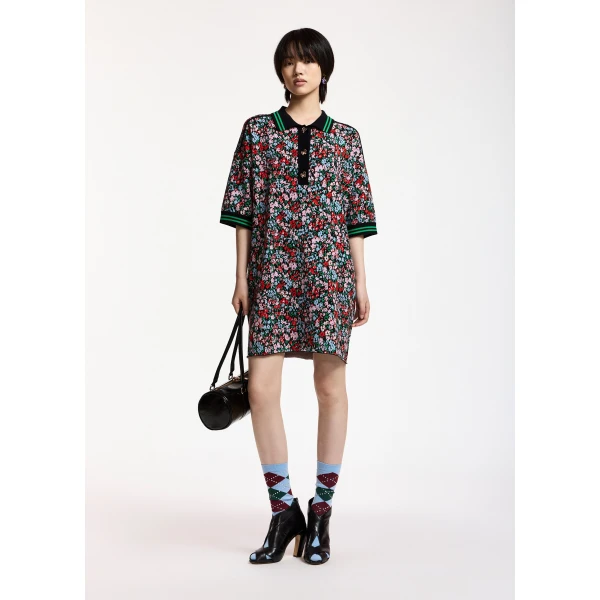 Essentiel Antwerp Multicolor floral polo mini dress with striped ribbed trims, view 2