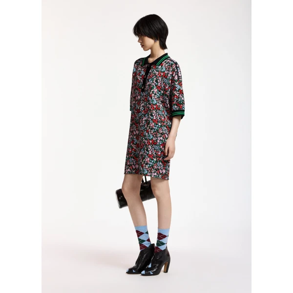 Essentiel Antwerp Multicolor floral polo mini dress with striped ribbed trims, view 3