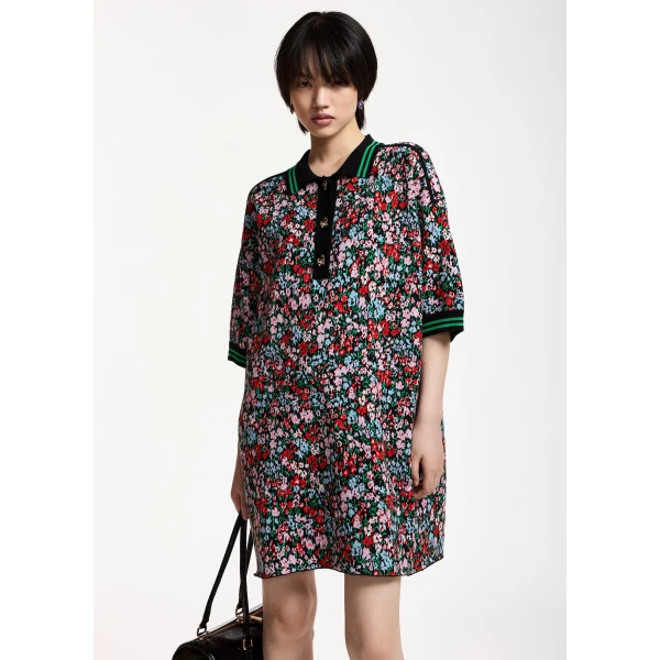 Essentiel Antwerp Multicolor floral polo mini dress with striped ribbed trims, view 4