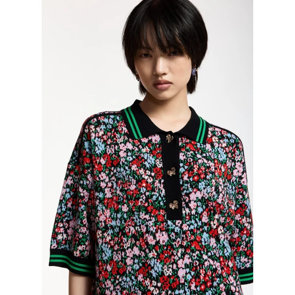 Essentiel Antwerp Multicolor floral polo mini dress with striped ribbed trims, view 5
