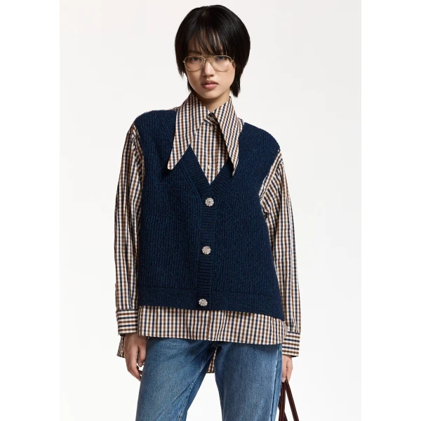 Essentiel Antwerp Navy, brown and off-white layered knit vest shirt, view 2