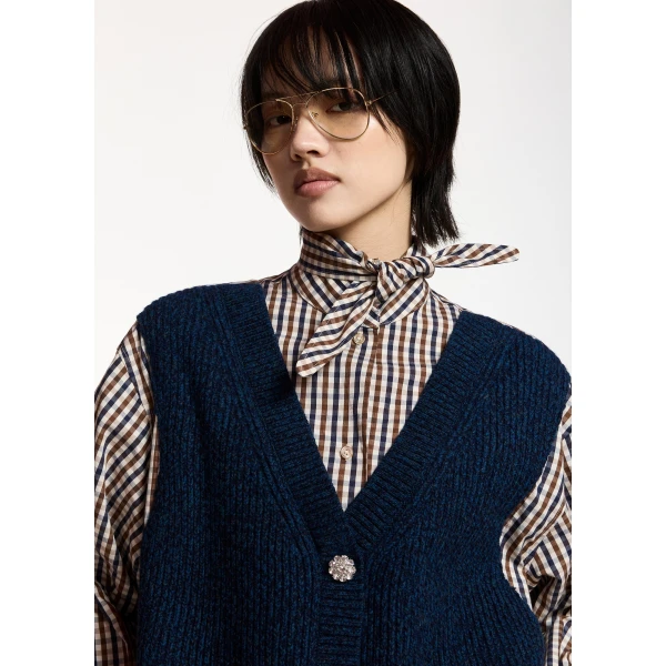 Essentiel Antwerp Navy, brown and off-white layered knit vest shirt, view 3