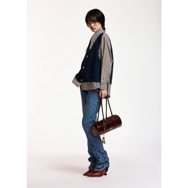 Essentiel Antwerp Navy, brown and off-white layered knit vest shirt, view 4