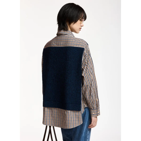 Essentiel Antwerp Navy, brown and off-white layered knit vest shirt, view 5