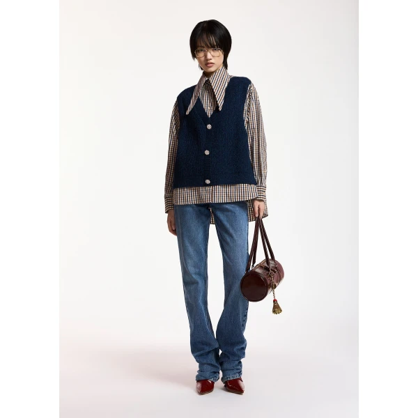 Essentiel Antwerp Navy, brown and off-white layered knit vest shirt, view 6