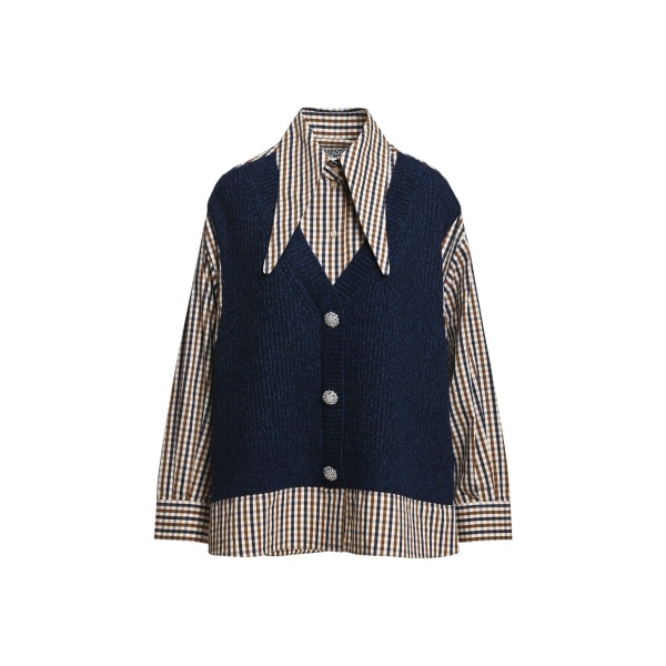 Essentiel Antwerp Navy, brown and off-white layered knit vest shirt