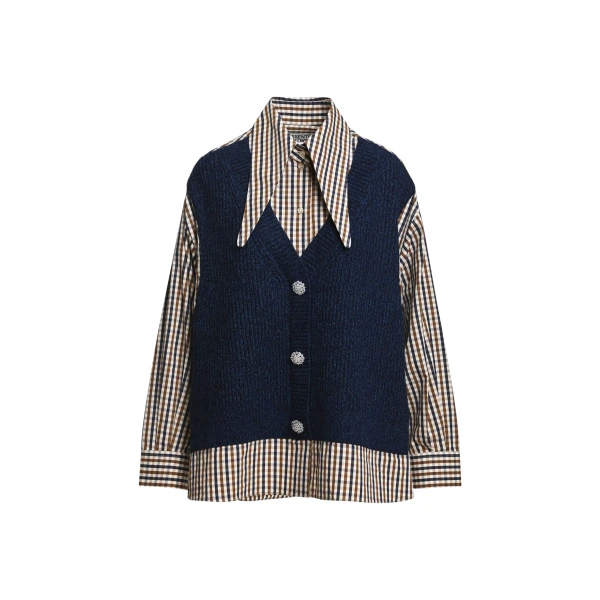 Essentiel Antwerp Navy, brown and off-white layered knit vest shirt