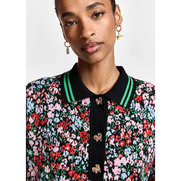 Essentiel Antwerp Navy, green and multicolor floral-print polo with bow buttons Top, view 6
