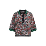 Essentiel Antwerp Navy, green and multicolor floral-print polo with bow buttons Top
